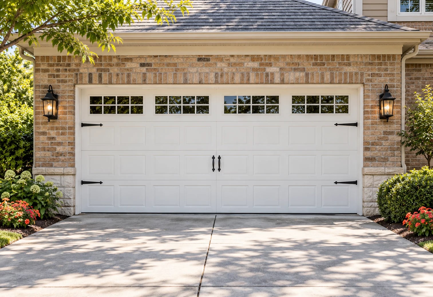Illustrative white carriage-style garage door