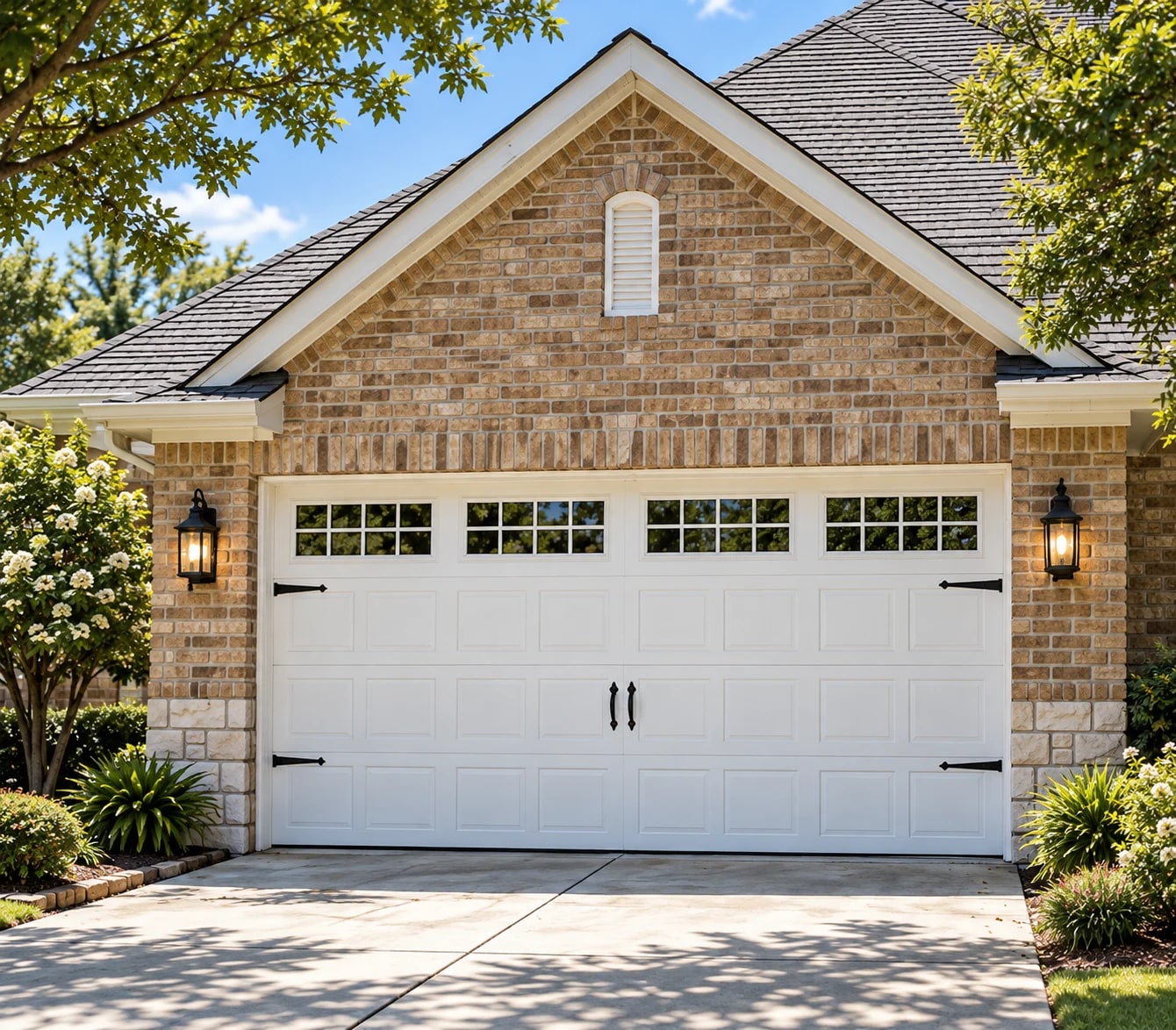 Illustrative brick home with a white carriage-style garage door and a sunlit driveway