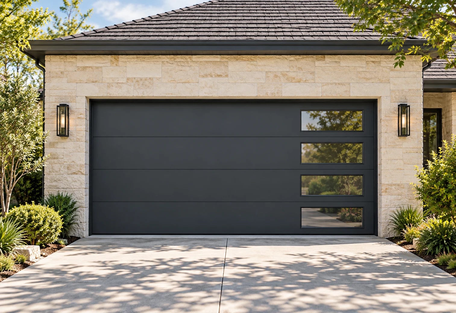 Illustrative charcoal modern garage door with vertical window accents
