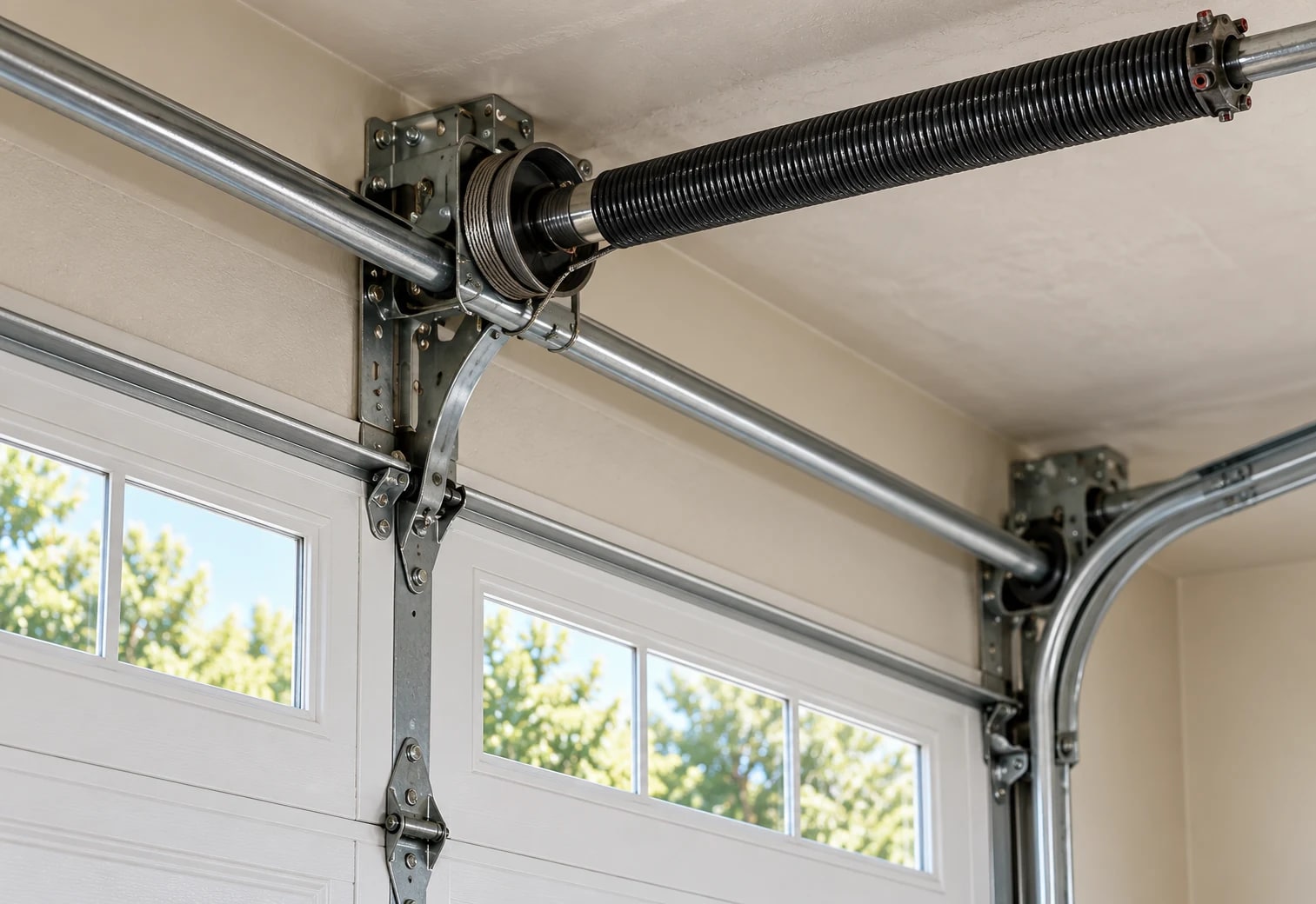 Illustrative close-up of a garage door spring and roller track